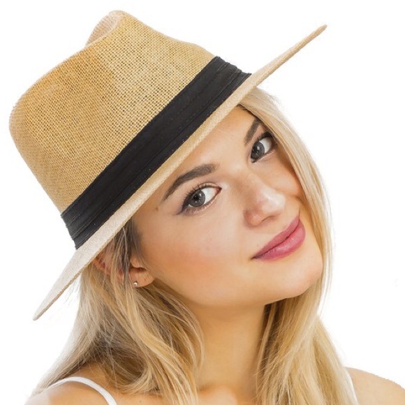 Tan Black Band Wide Brim Panama Crochet Fedora - Picture 6 of 7